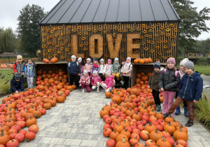 Jeżyki wśród dyń na tle napisu Love